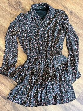 Floral Ruffle Tiered Long-Sleeve Dress - Black with Pink Flowers